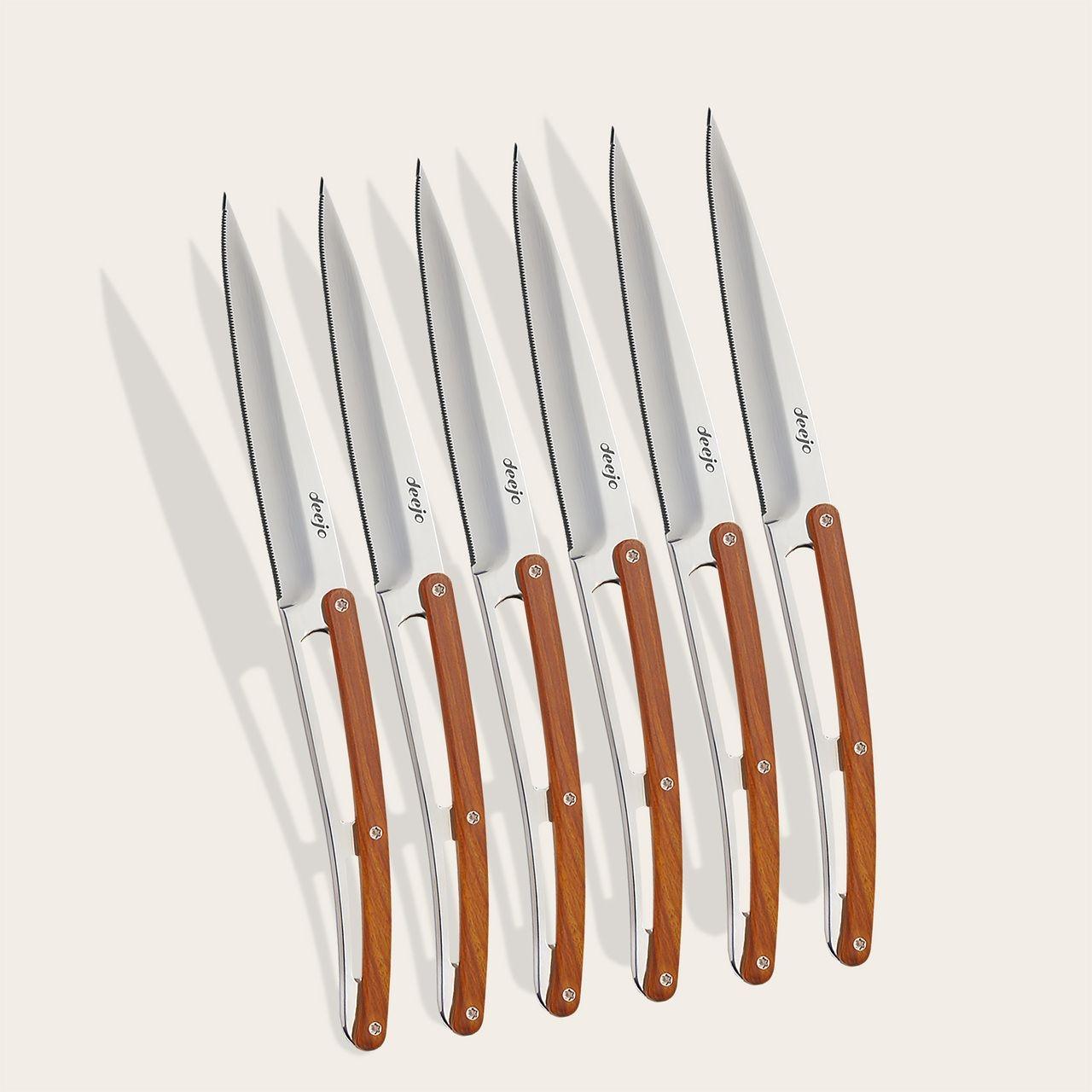 Deejo 6 Steak Knives Serrated, Mirror, Olive Wood