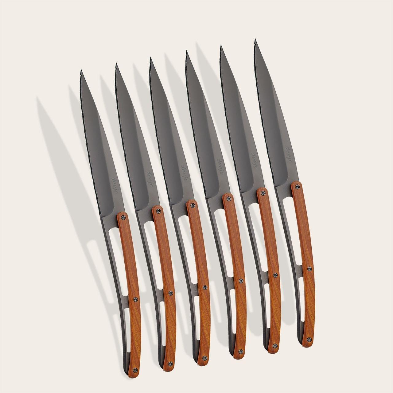 Deejo 6 Steak Knives Serrated, Titanium, Coral Wood