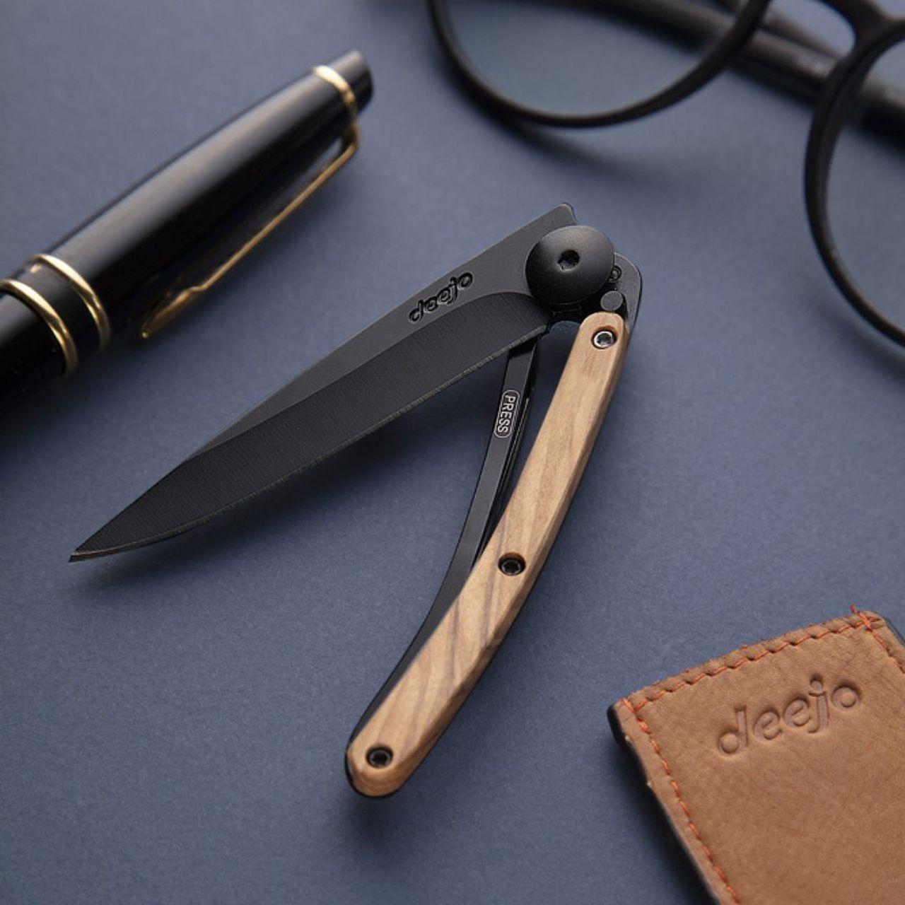 Deejo 27g, Pocket Knife, Black, Olive Wood